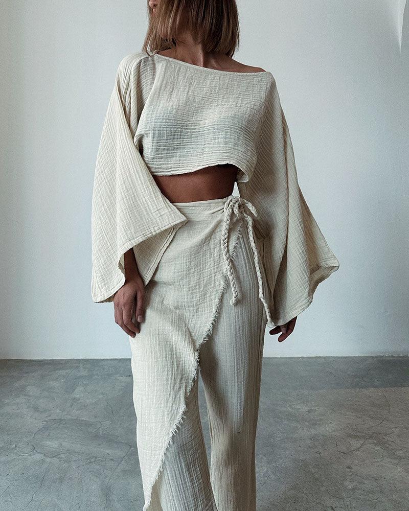 Woven lace-up cotton and linen two-piece set-thevervian