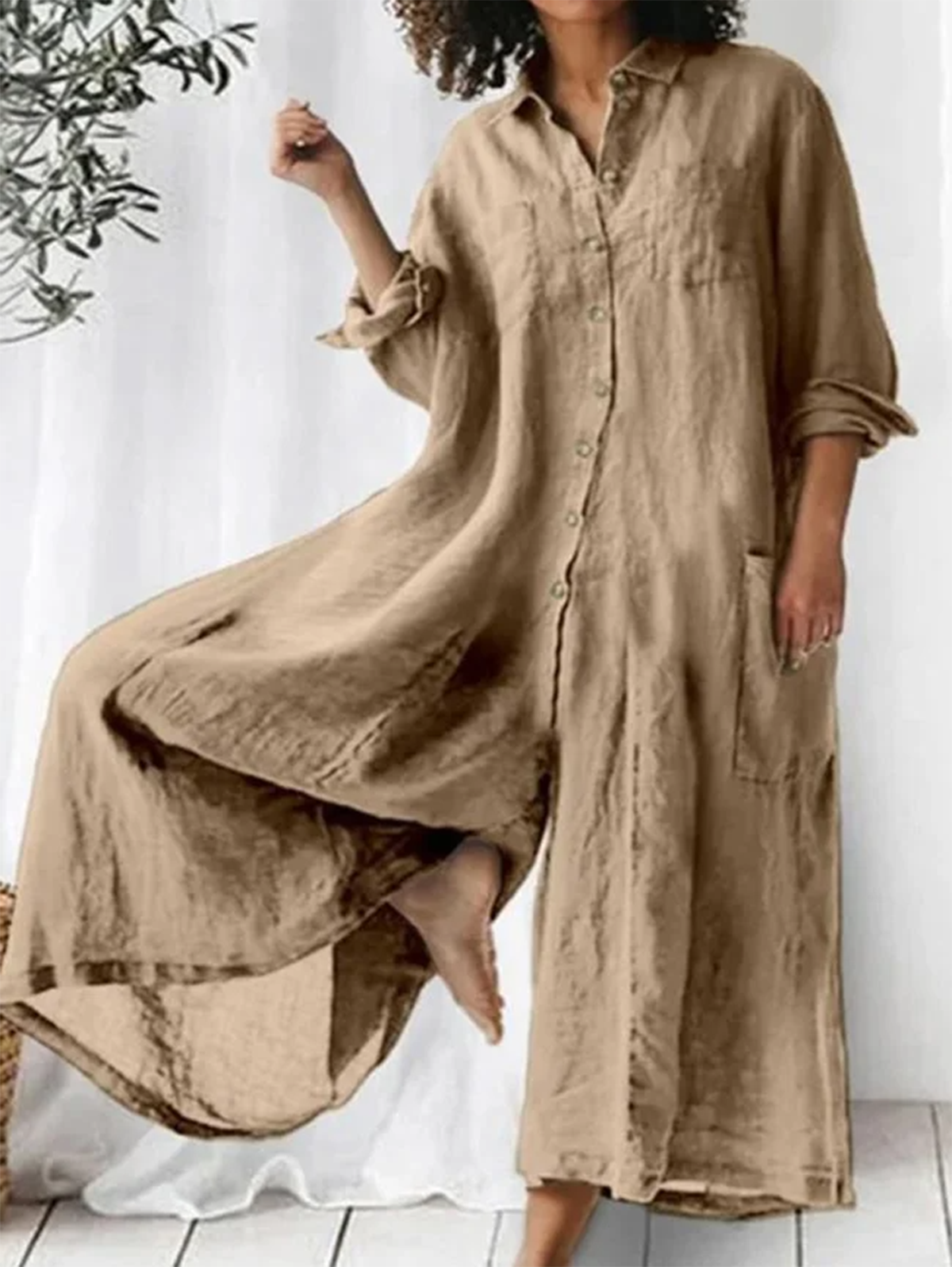 Casual Plain Lapel Collar Single Breasted Wide Leg Jumpsuit-thevervian