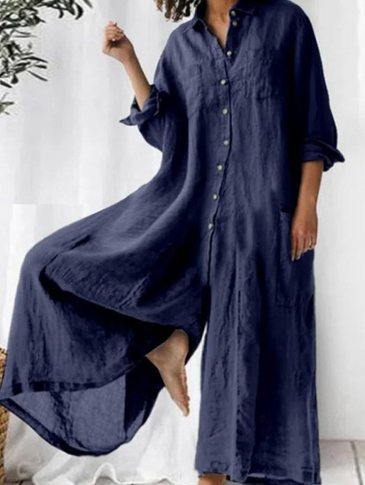 Casual Plain Lapel Collar Single Breasted Wide Leg Jumpsuit-thevervian