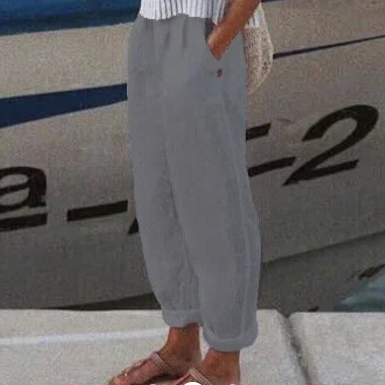 Cotton Linen Solid Color Casual Pants-thevervian