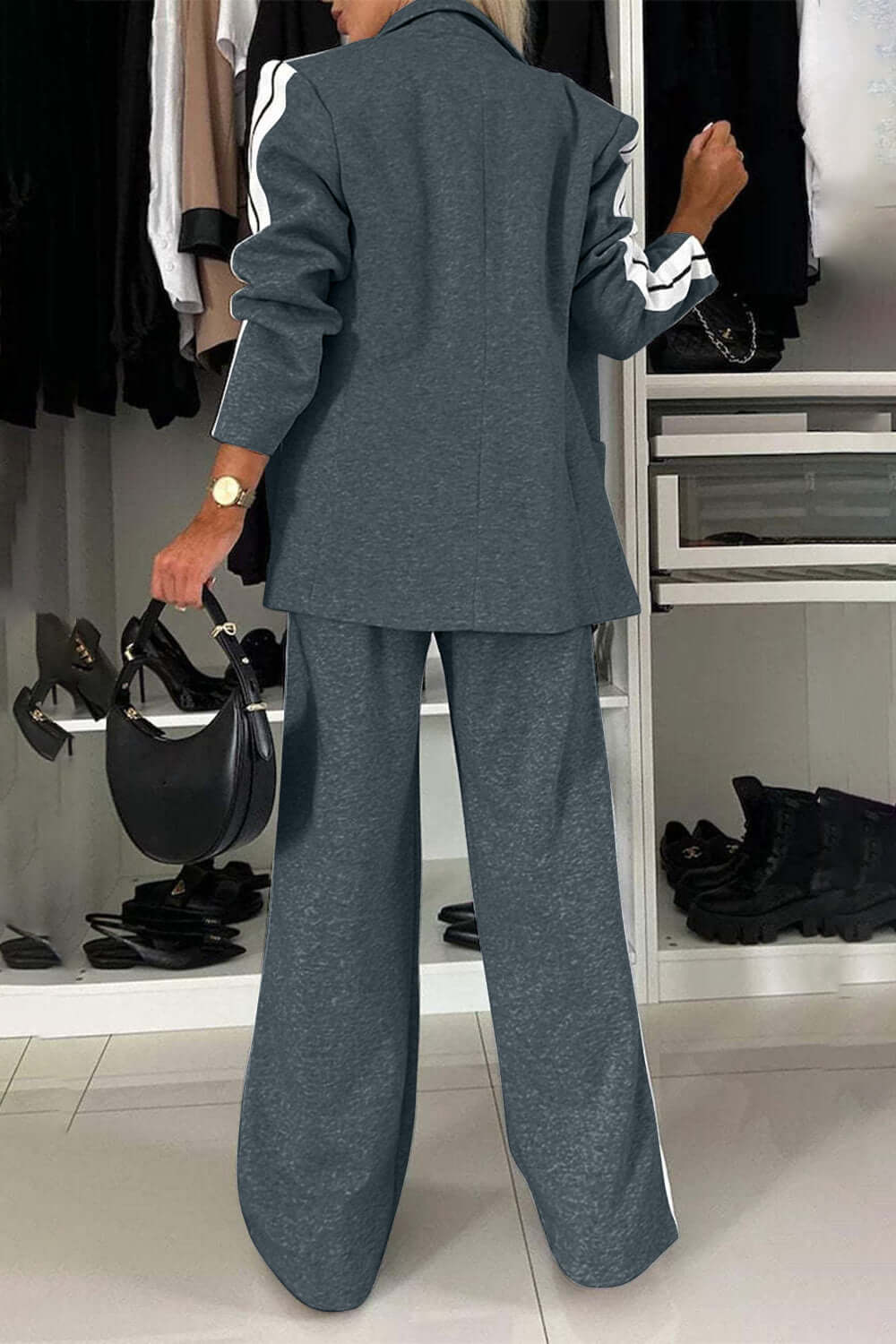 Contrast Lapel Collar Top and Pants Set-thevervian