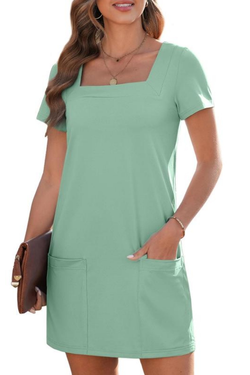Women's Solid Color Casual Align Dress Square Neck Short Sleeve Comfort Basic Mini Dresses with Pockets