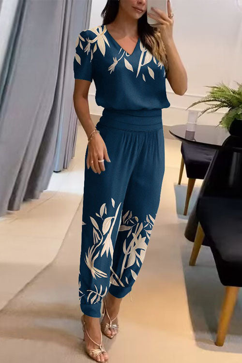 Casual V-Neck Printed Short Sleeve Long Pants Two-Piece Set-thevervian