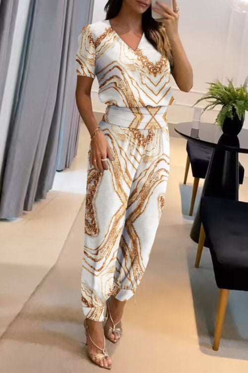 Casual V-Neck Printed Short Sleeve Long Pants Two-Piece Set-thevervian
