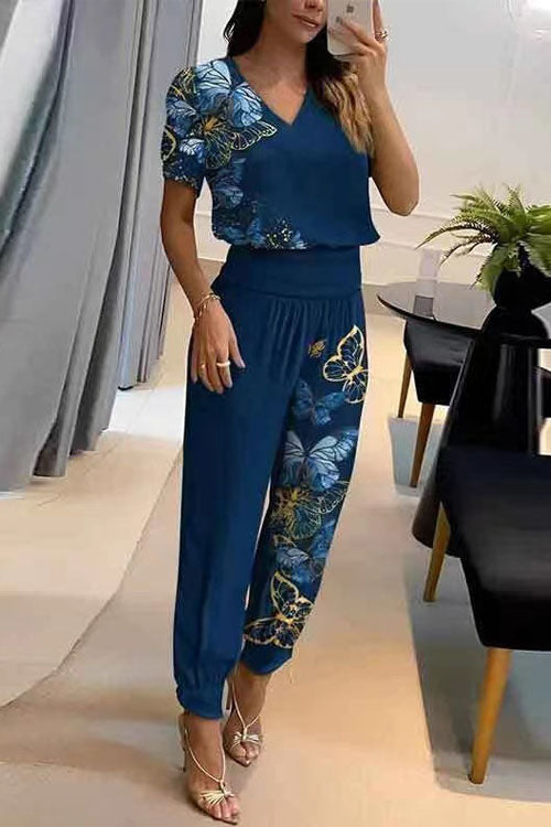 Casual V-Neck Printed Short Sleeve Long Pants Two-Piece Set-thevervian
