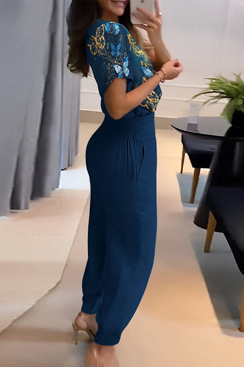 Casual V-Neck Printed Short Sleeve Long Pants Two-Piece Set-thevervian