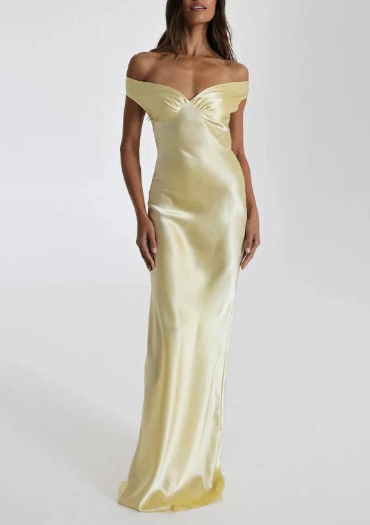 Off Shoulder Gown Satin Maxi Dress-thevervian