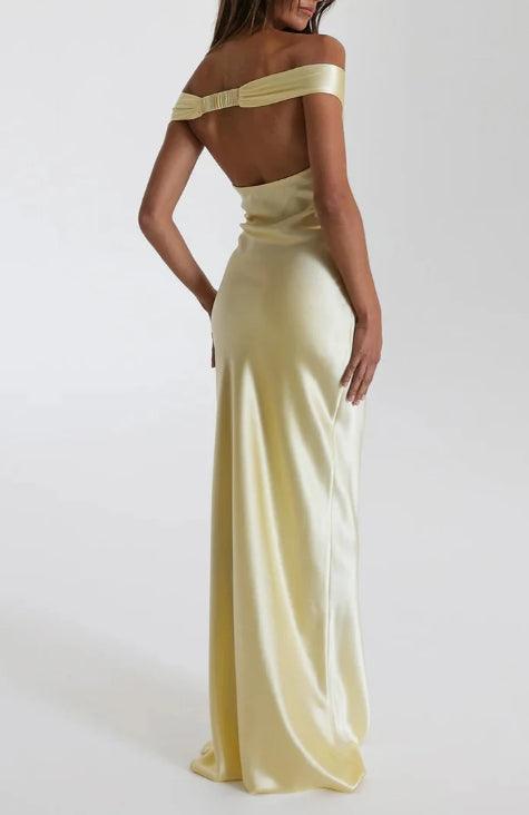 Off Shoulder Gown Satin Maxi Dress-thevervian