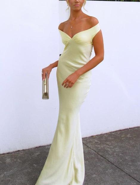 Off Shoulder Gown Satin Maxi Dress-thevervian