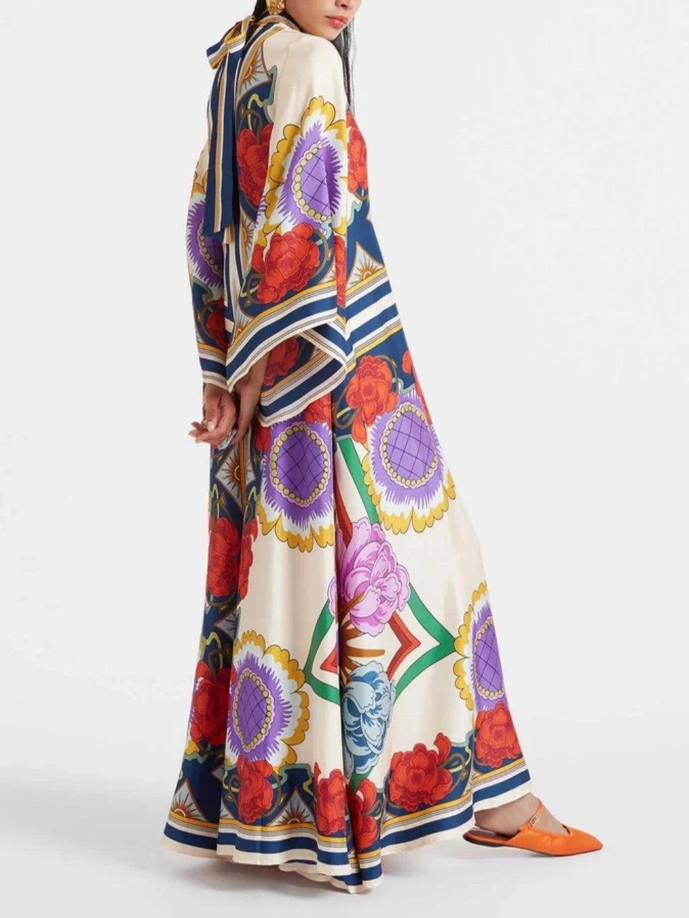 Exquisite Floral Print Draped Waterfall Sleeves Maxi Dress-thevervian