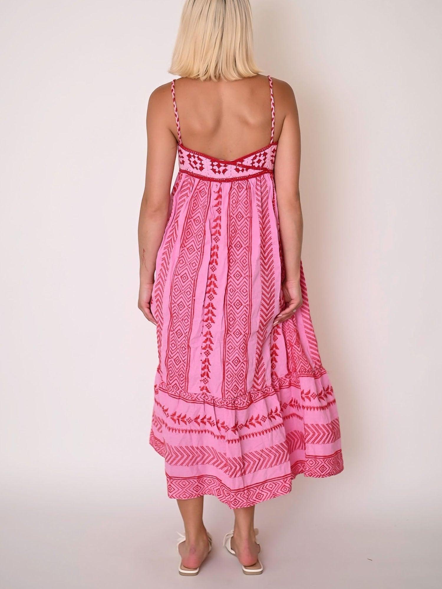 Pink Embroidered Midi Dress-thevervian