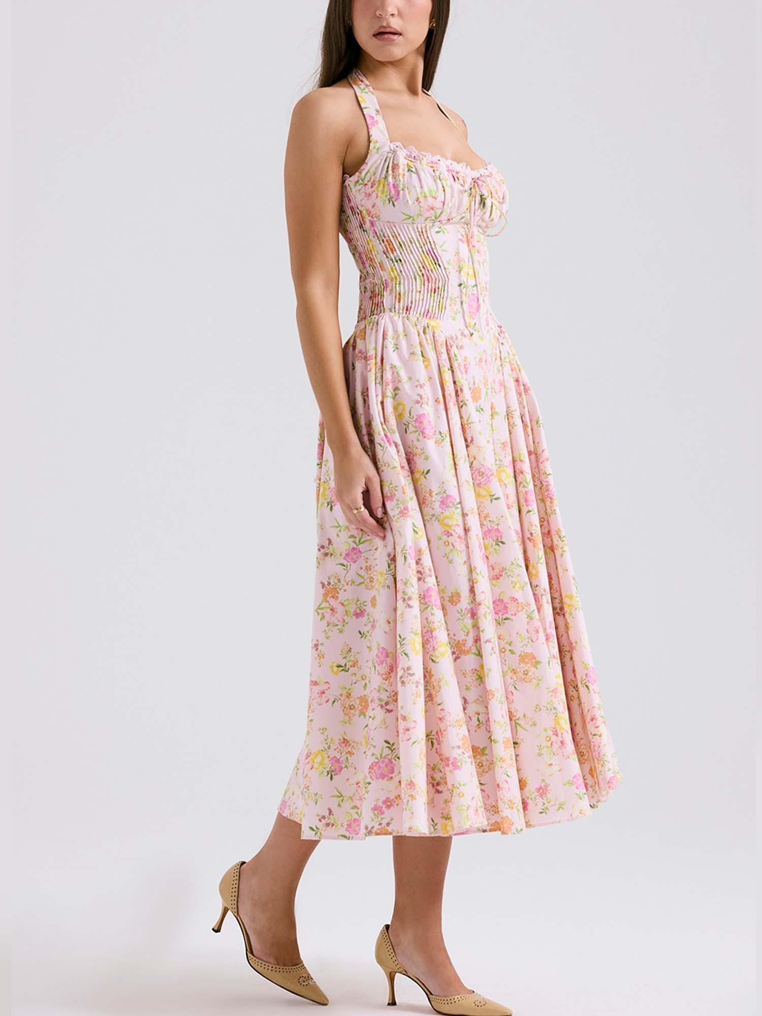 Romantic Floral Corset Midi Dress-thevervian