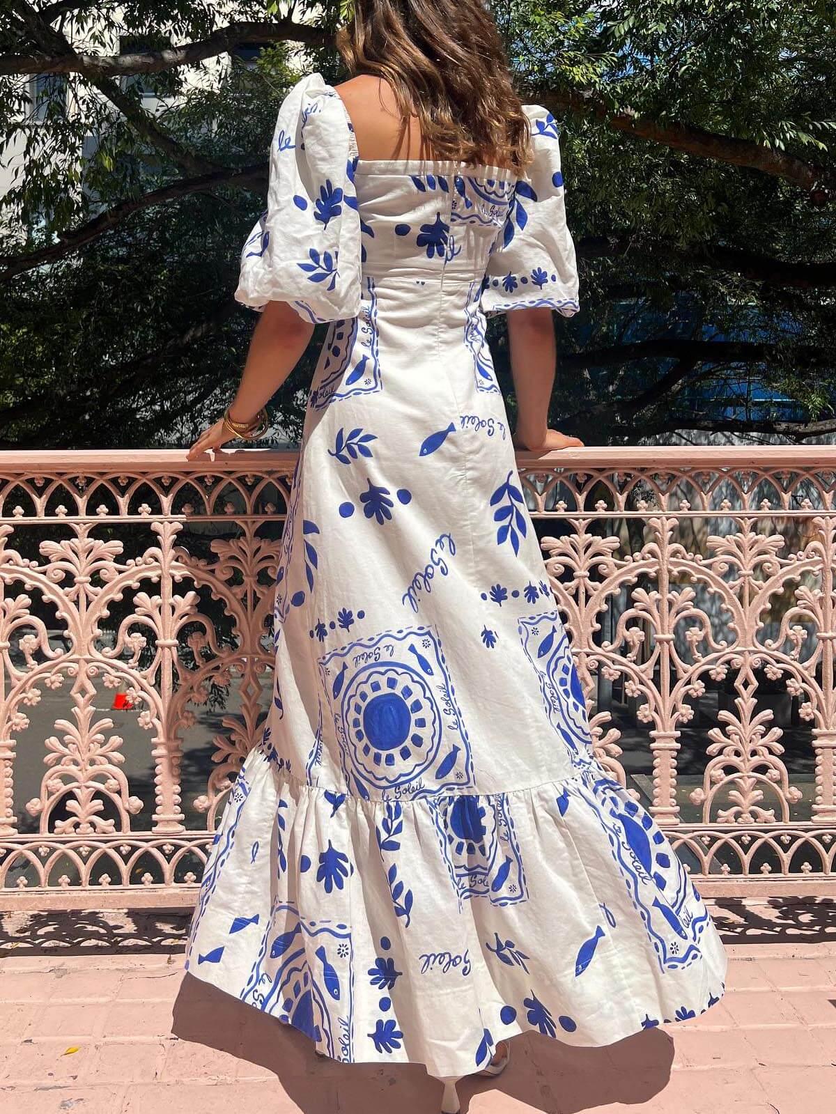 Puff Sleeve Vacation Midi Dress-thevervian