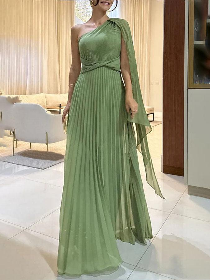 Elegant Flowing Pleated Off-the-Shoulder Maxi Dress-thevervian