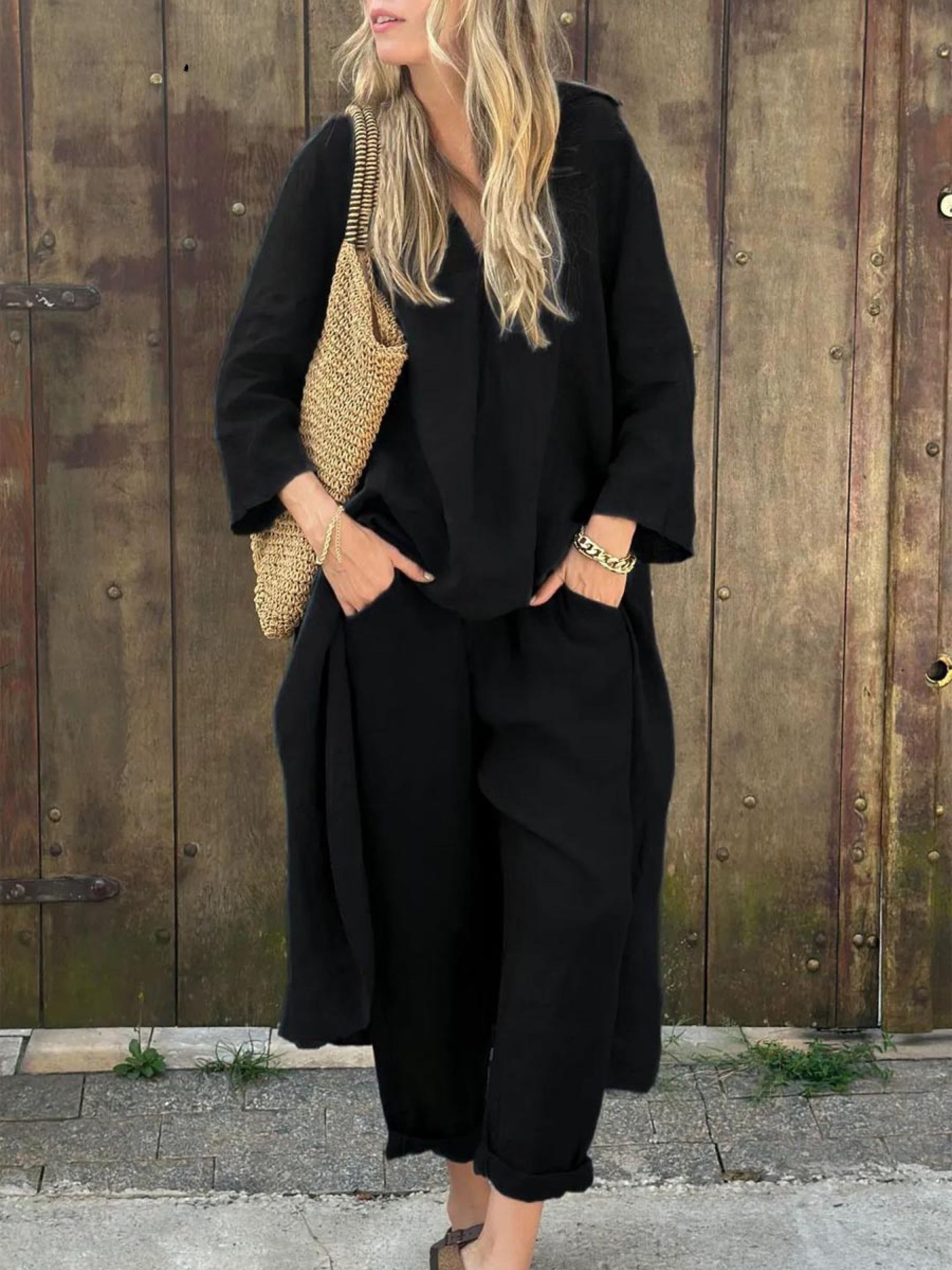 Linen Irregular Loose V-neck Top and High-Waisted Pocket Wide-leg Pants Set-thevervian