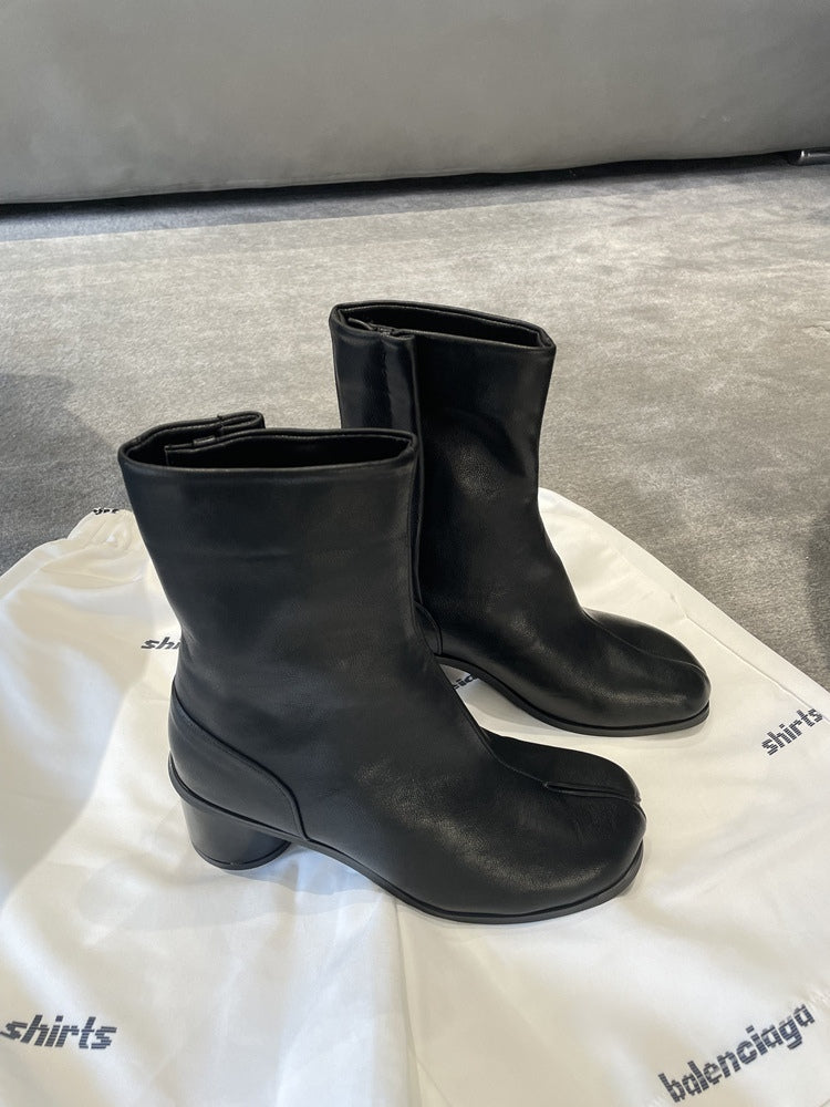 Genuine leather split-toe chunky heel mid-calf Martin boots-thevervian