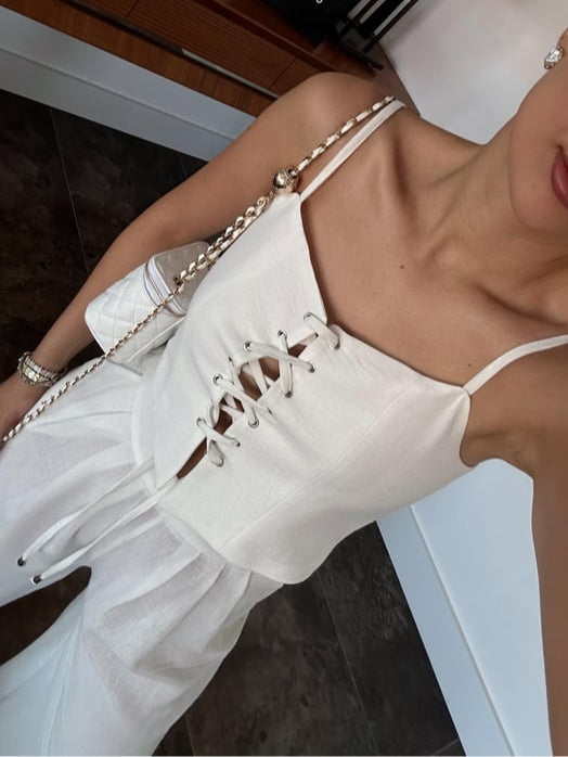 Linen Blend Tie Front Camisole Two-Piece Set-thevervian