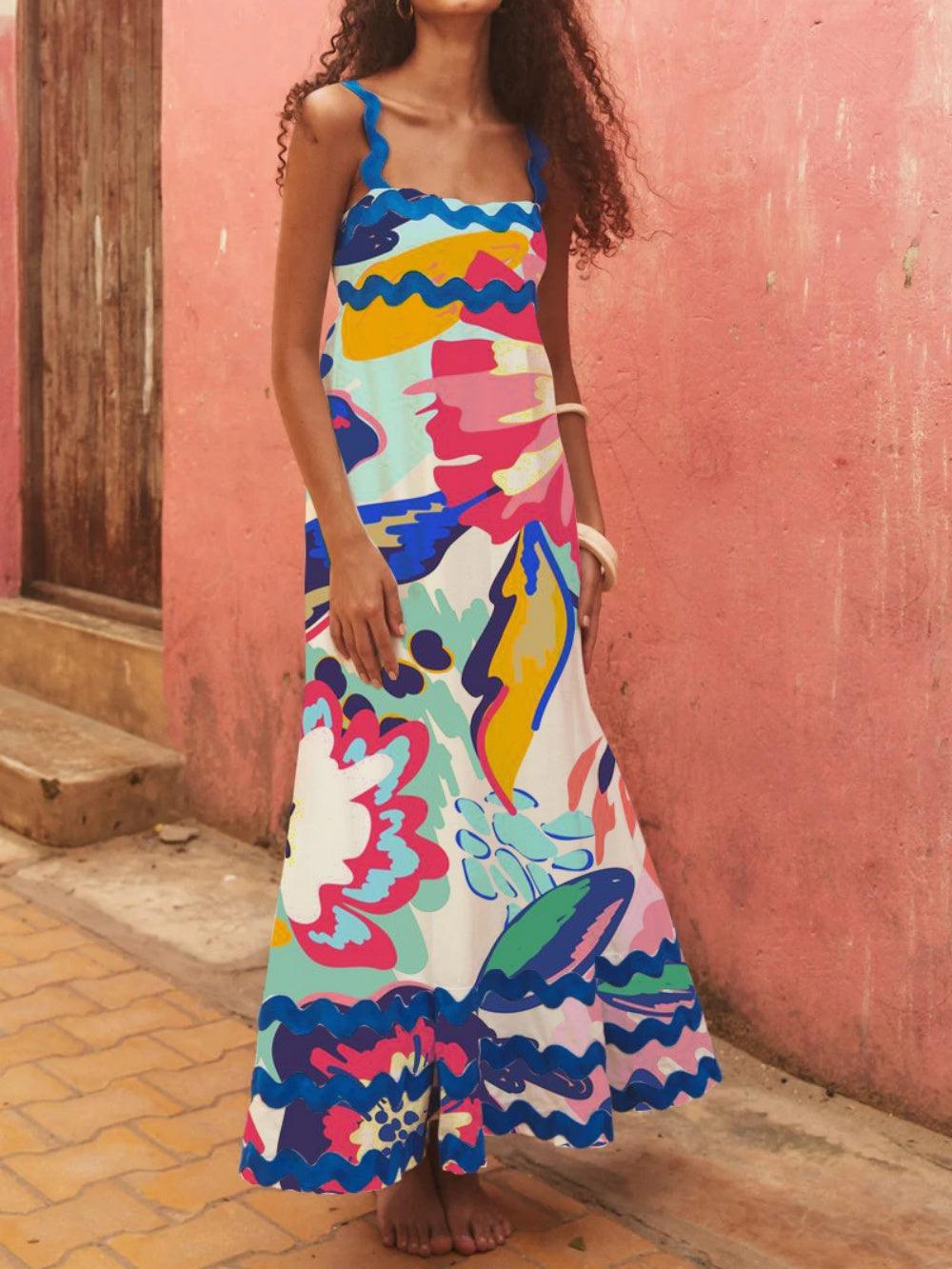 Floral wave strap A-line dress-thevervian