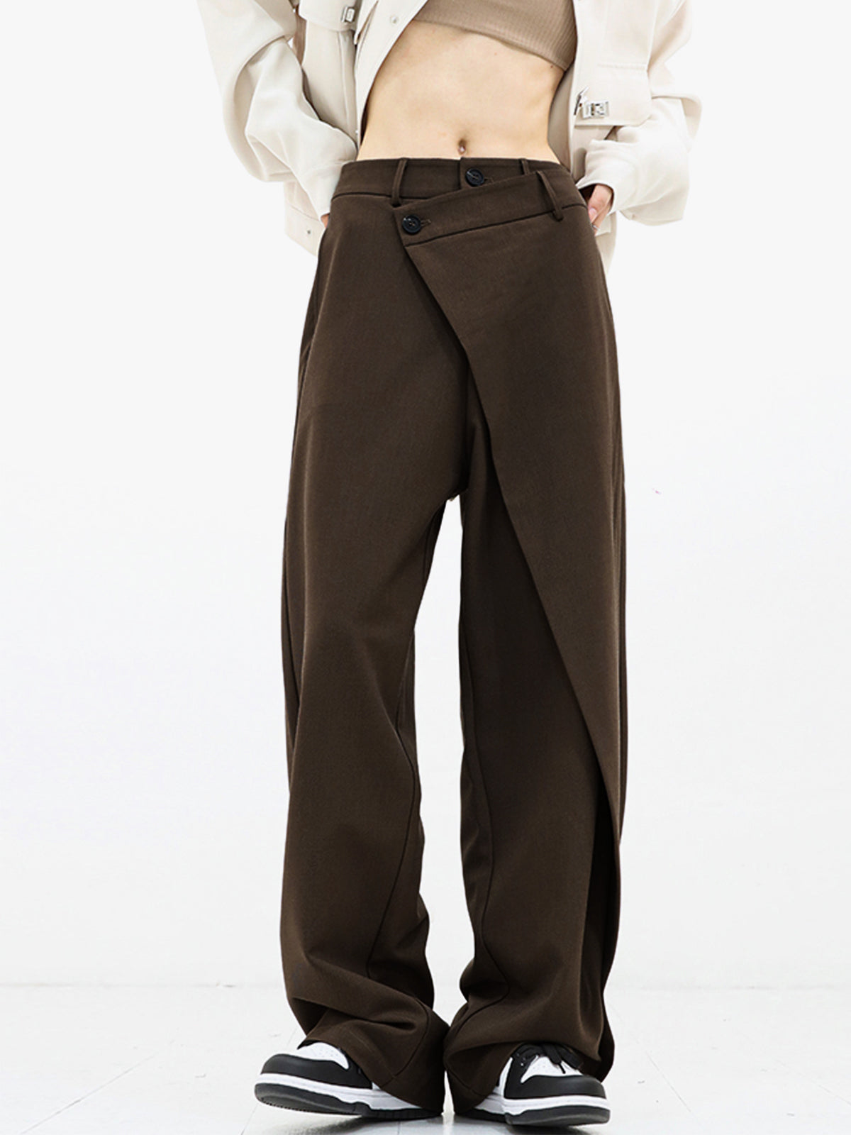 Asymmetrical Layer Button Baggy Wide Leg Pants-thevervian
