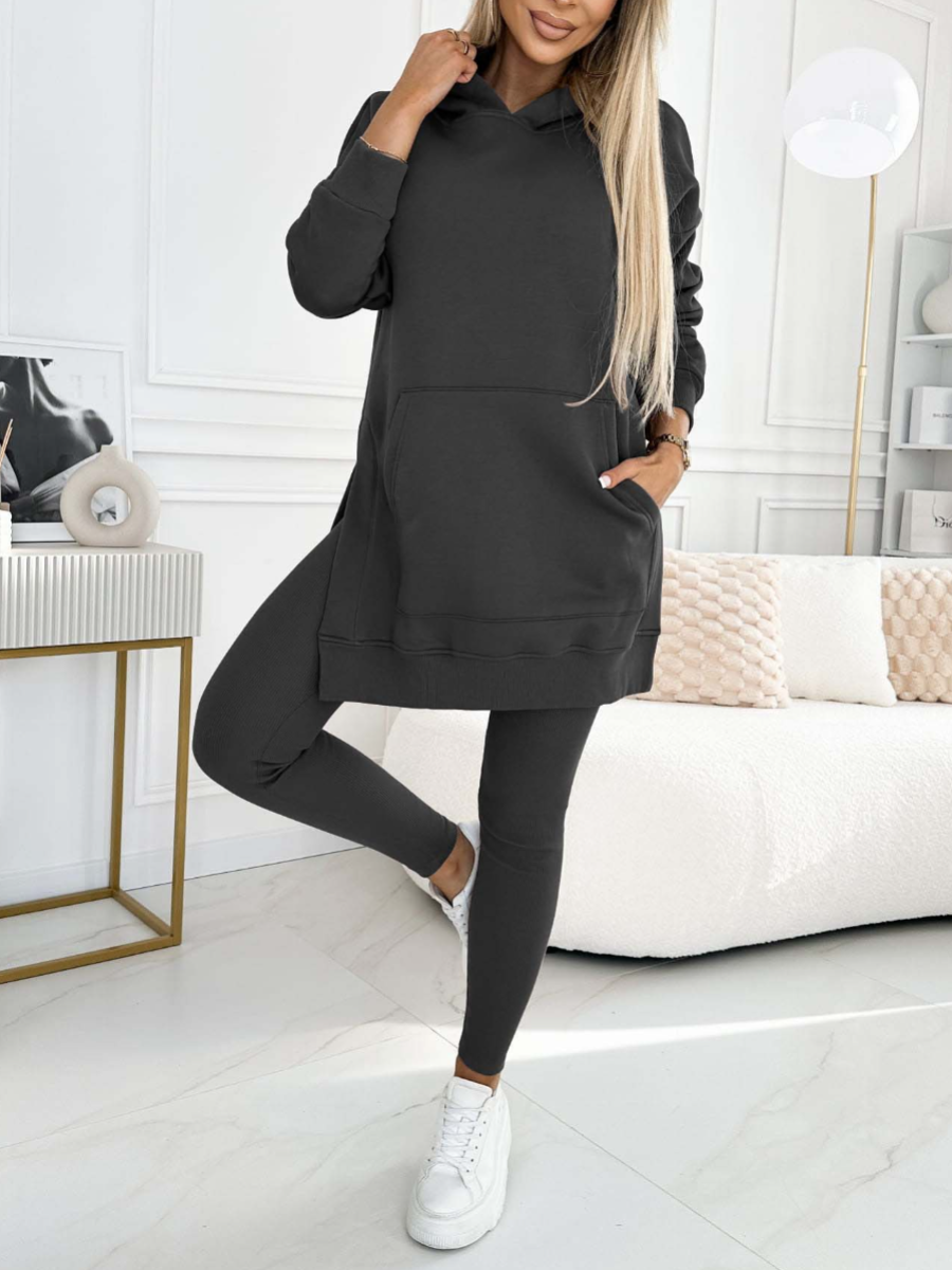 Fashion Solid Color Hoodie and Lined Leggings Two-piece Set-thevervian