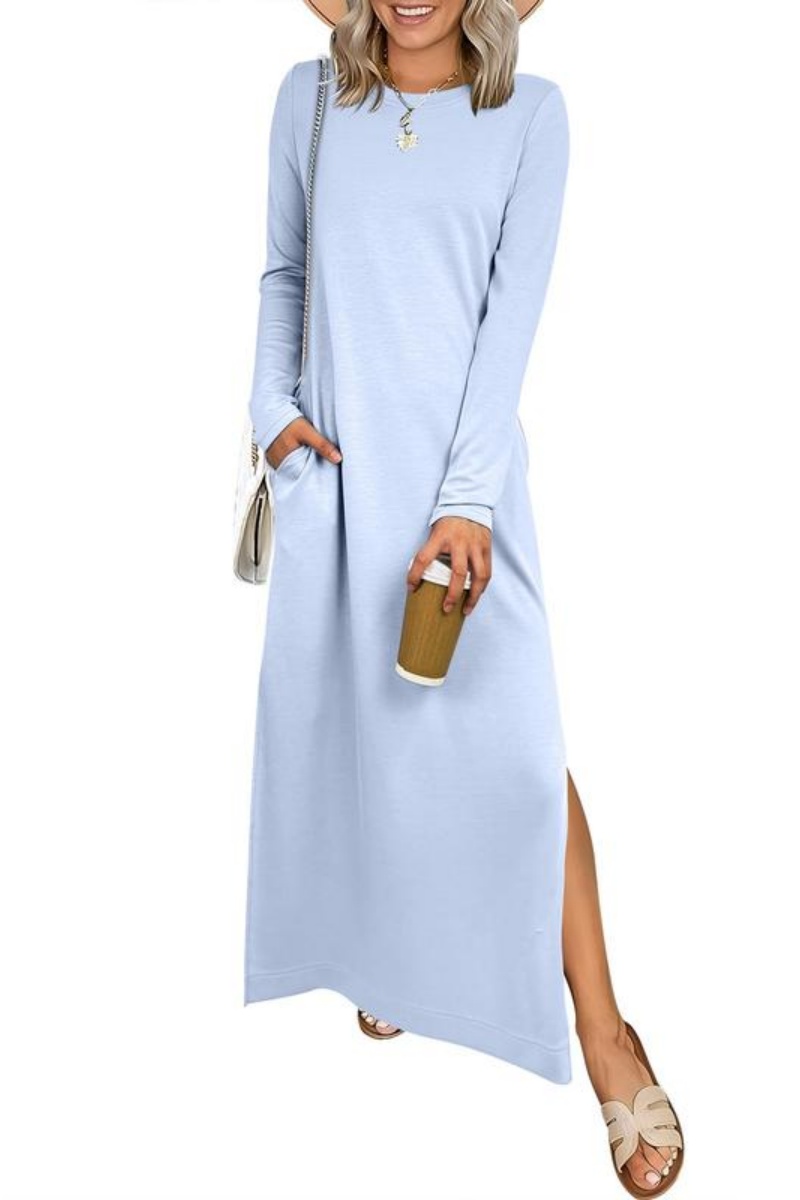 Women Casual Crewneck Loose Fit Split Flowy Wrinkle-Free Travel Vacation Maxi Dress