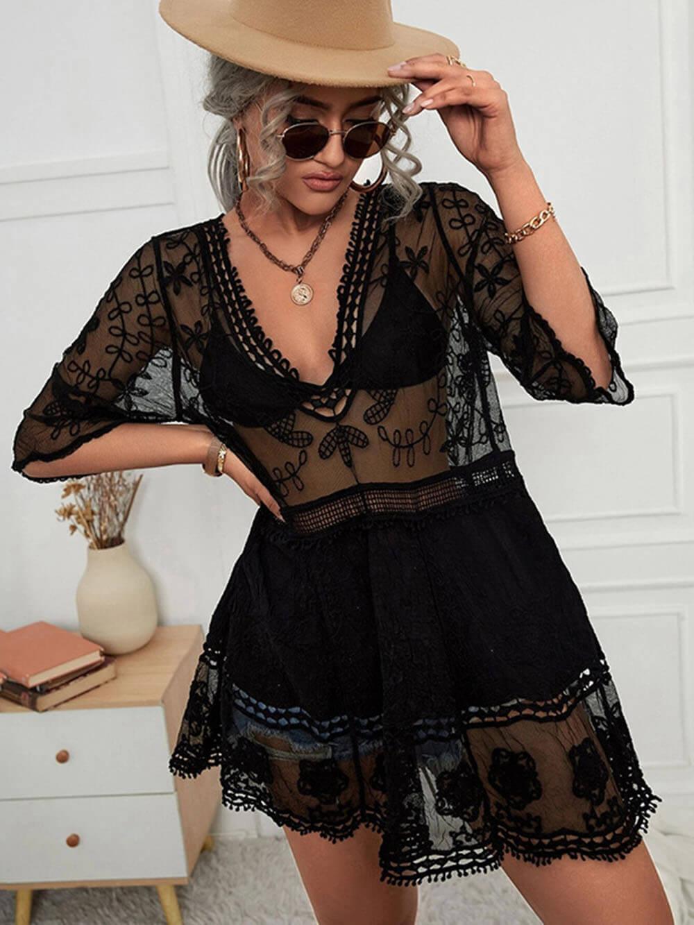 Loose Lace Beach Vacation Bikini Cover-Up Dress-thevervian