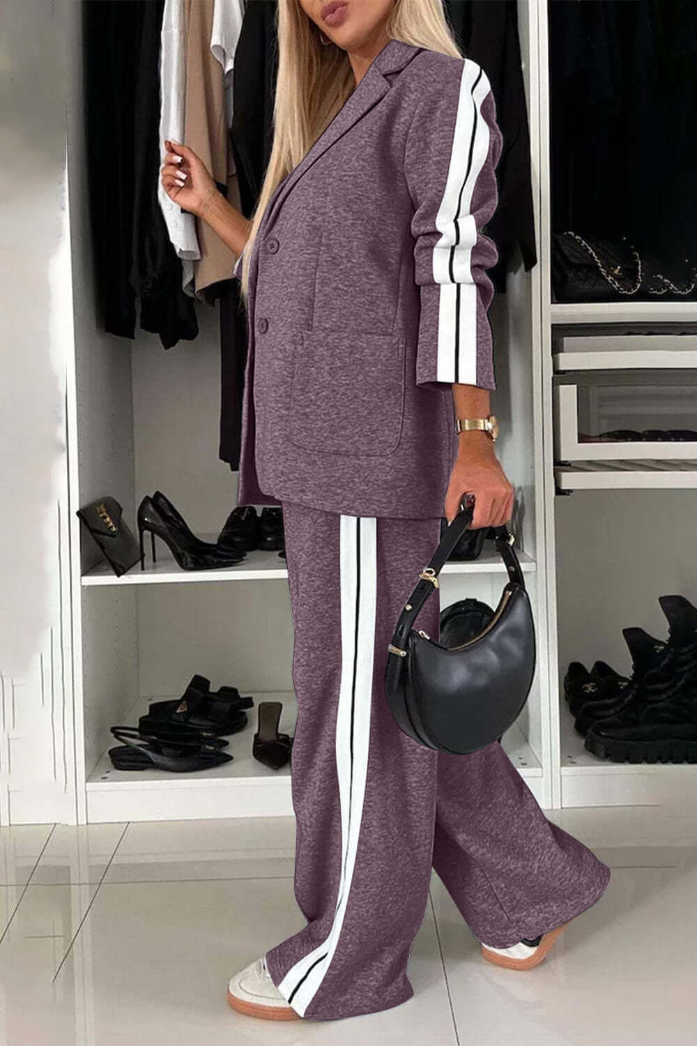 Contrast Lapel Collar Top and Pants Set-thevervian