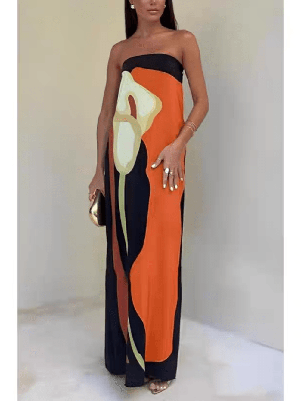 Strapless Color Block Printed Maxi Party Dress-thevervian