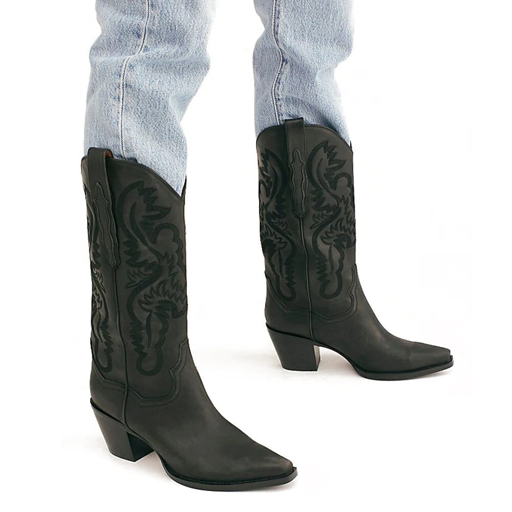 Embroidered Pointed Toe Thick Heel Western Boots-thevervian