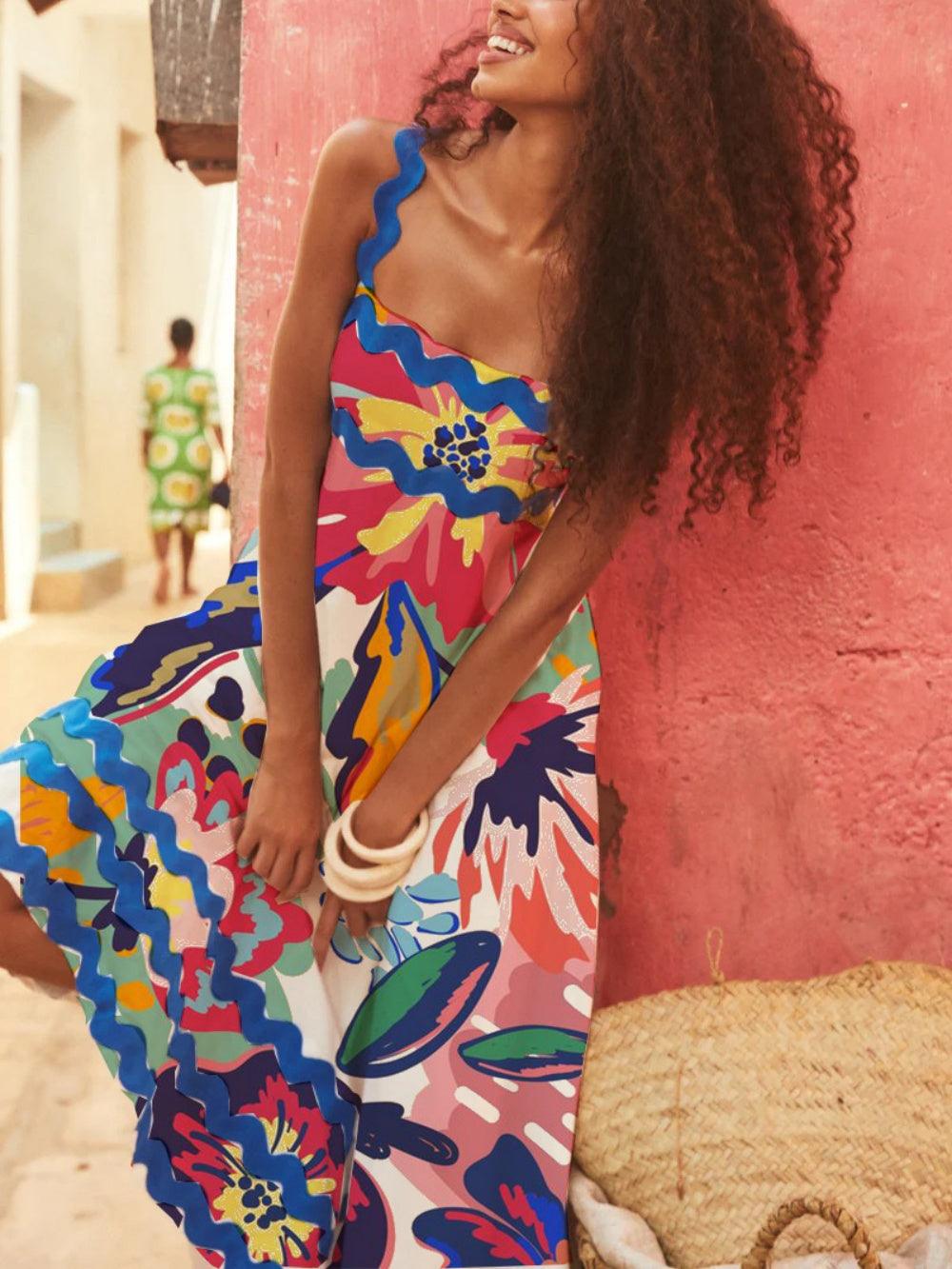 Floral wave strap A-line dress-thevervian