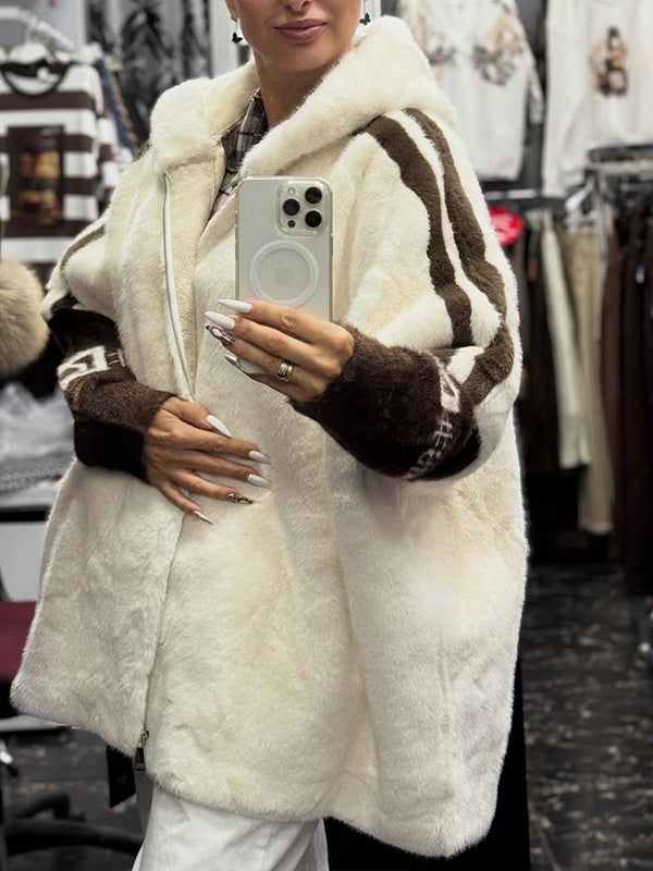 Plush Hooded Vertical Stripe Printed Casual Coat-thevervian