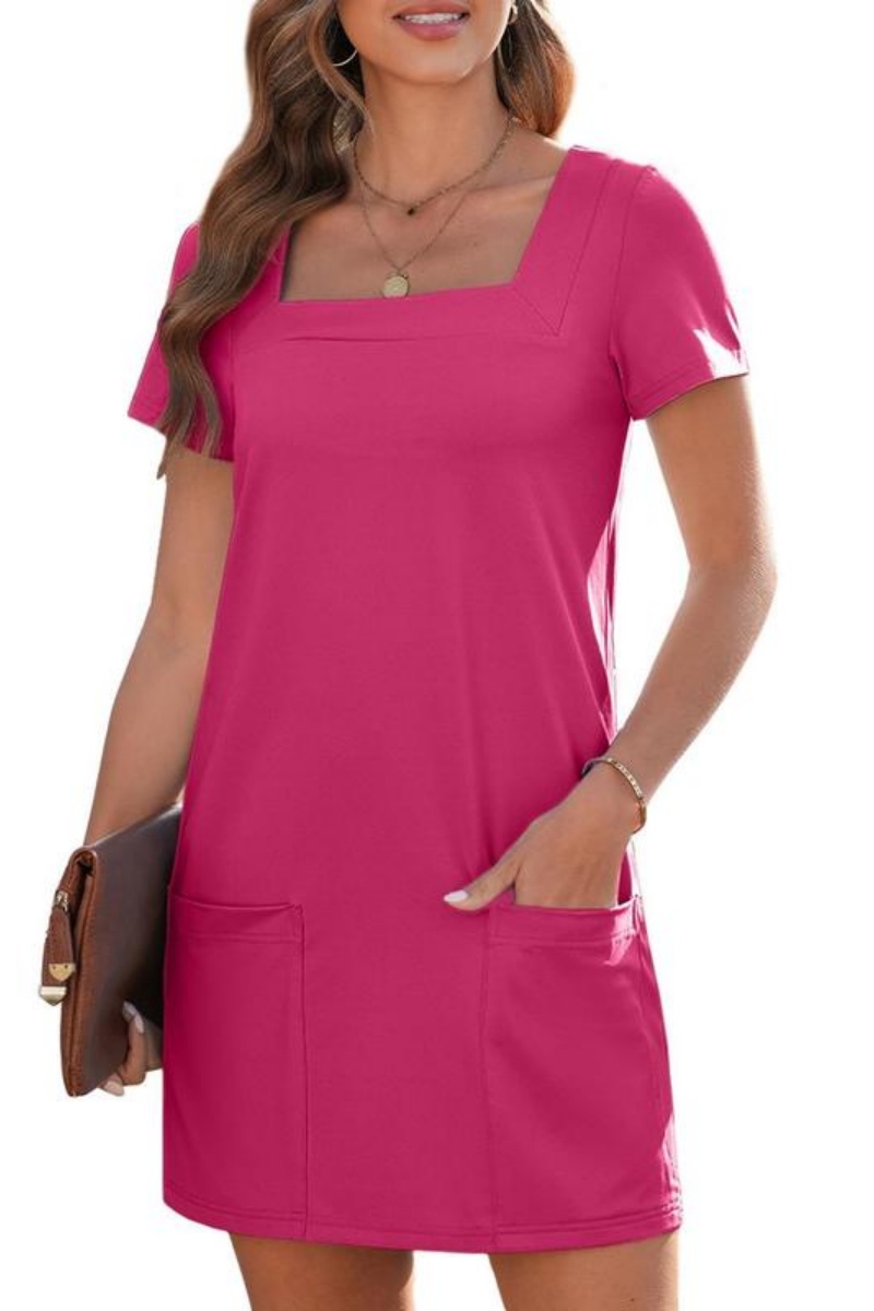 Women's Solid Color Casual Align Dress Square Neck Short Sleeve Comfort Basic Mini Dresses with Pockets