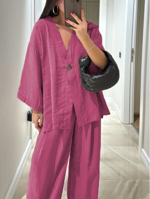 Casual V-Neck Top & Pants Two-Piece Set-thevervian