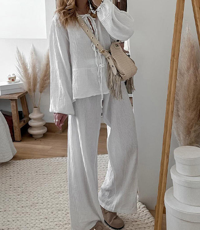 Casual Solid Color Lace-Up Top & Pants Two-Piece Set-thevervian