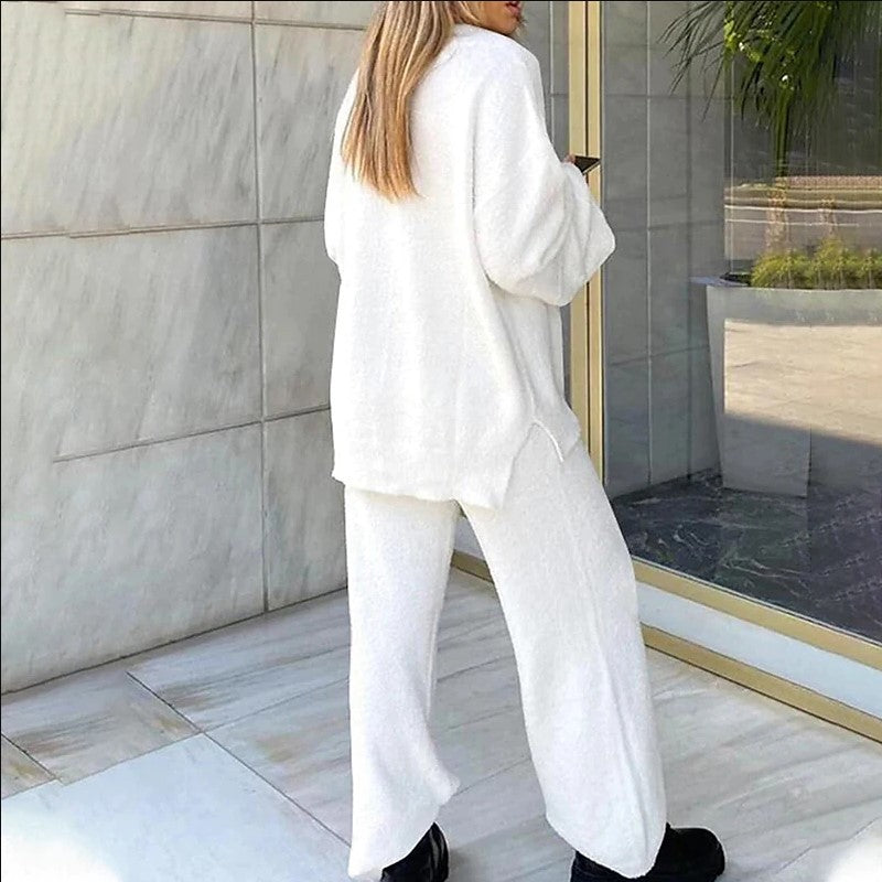 Comfortable Solid Color V-neck Daily  Two-piece Set-thevervian