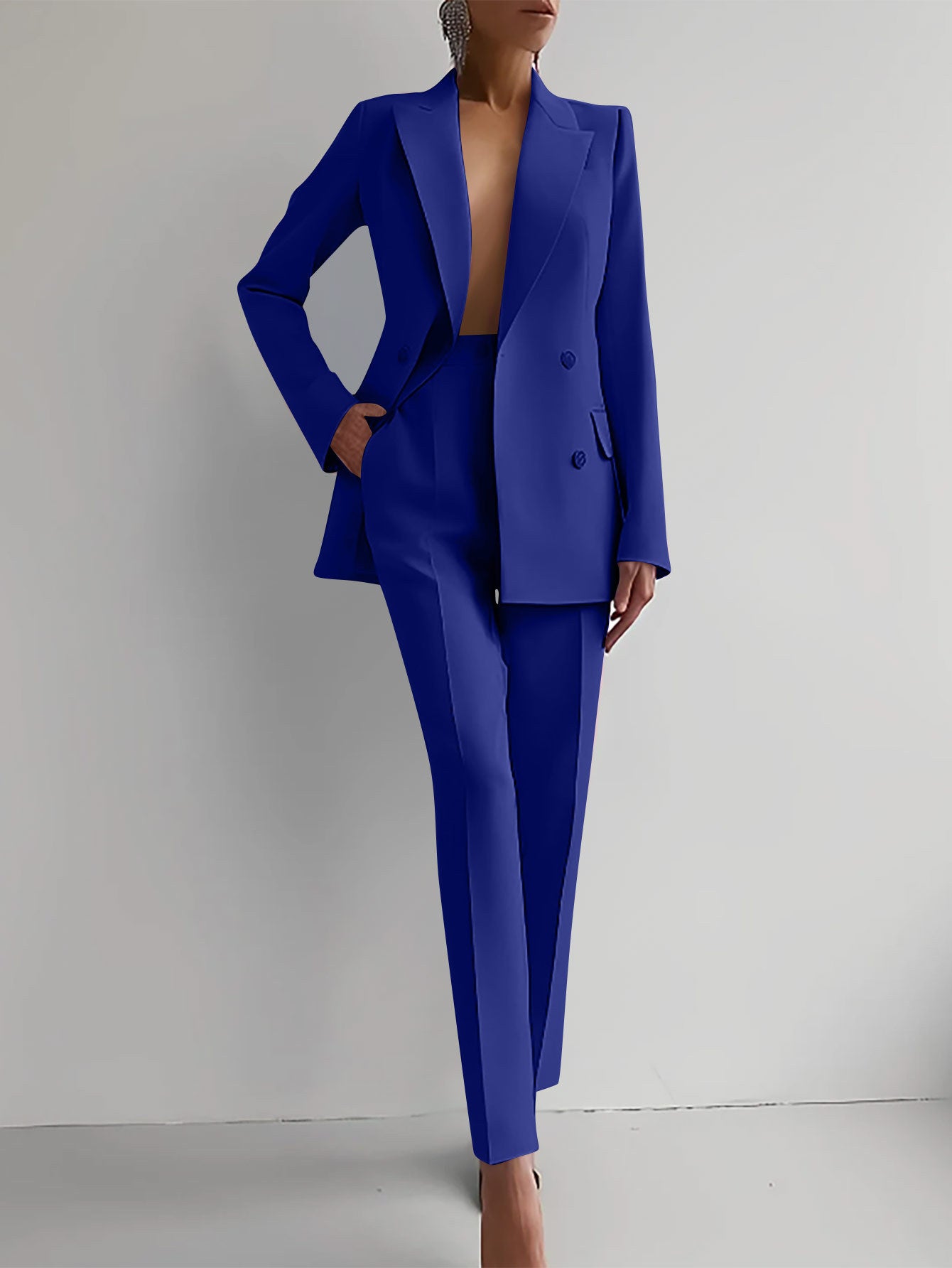 Casual Commuting Solid Color Blazer & High Waist Pants Set-thevervian