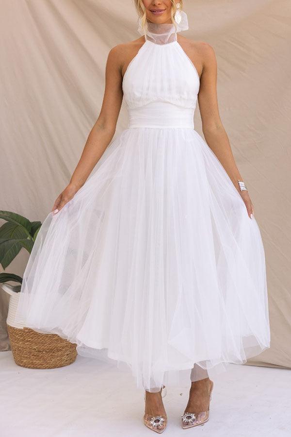 Fairy Vibes Tulle Gathered Detail Halter Maxi Dress-thevervian