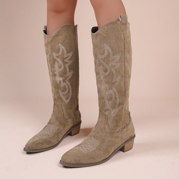 Embroidered Denim High-top Chunky-heeled Western Boots-thevervian