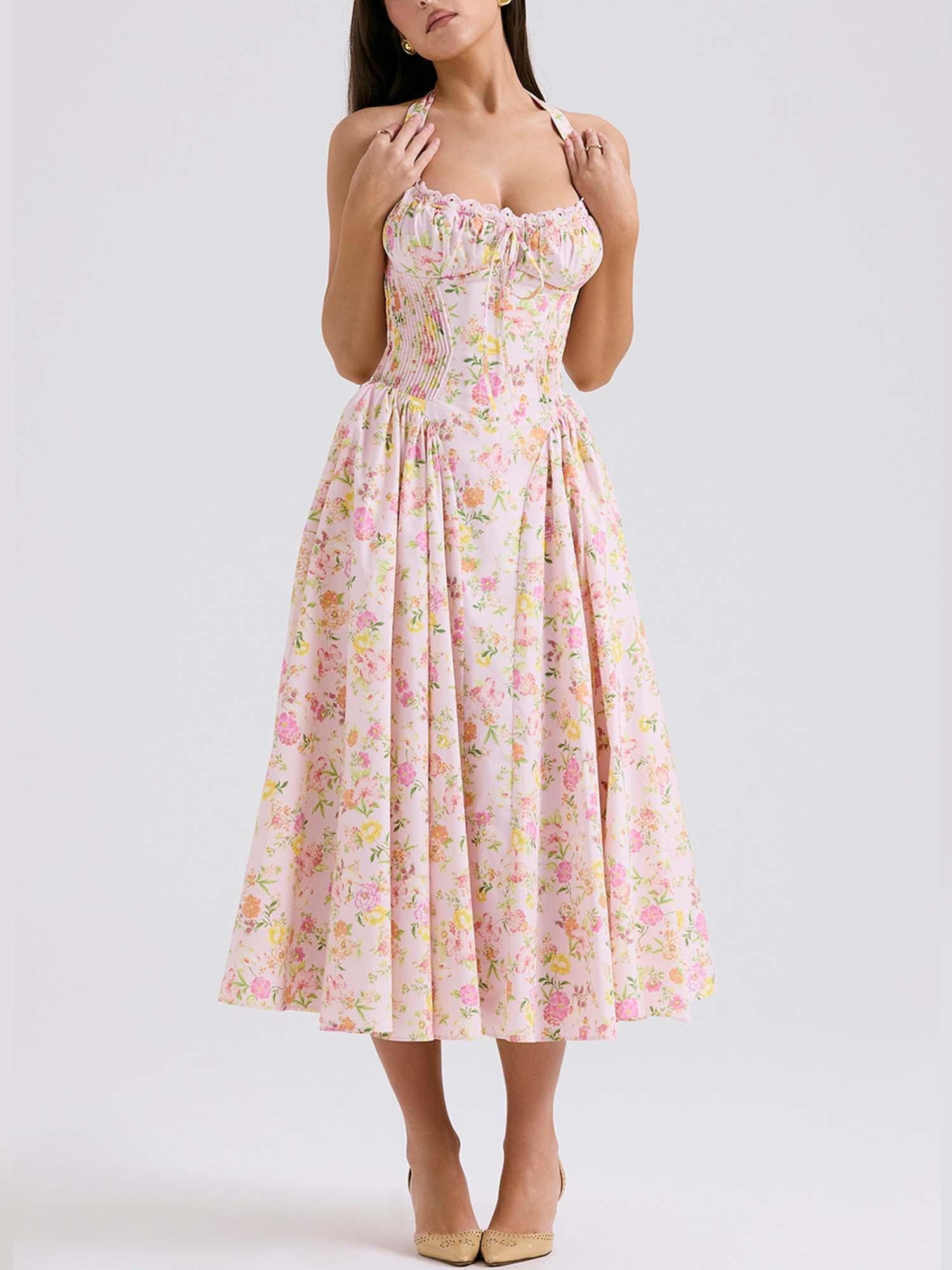 Romantic Floral Corset Midi Dress-thevervian