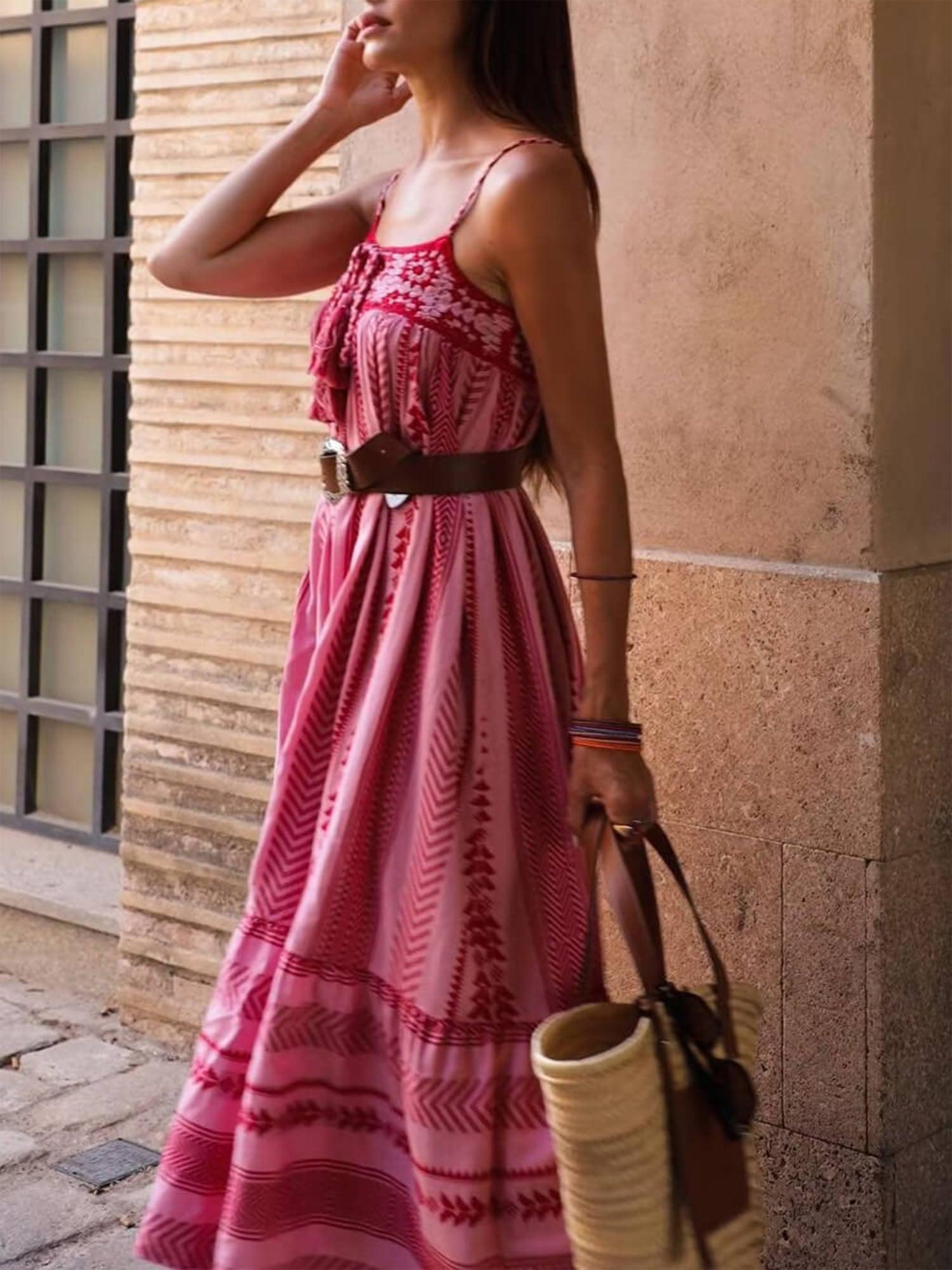 Pink Embroidered Midi Dress-thevervian