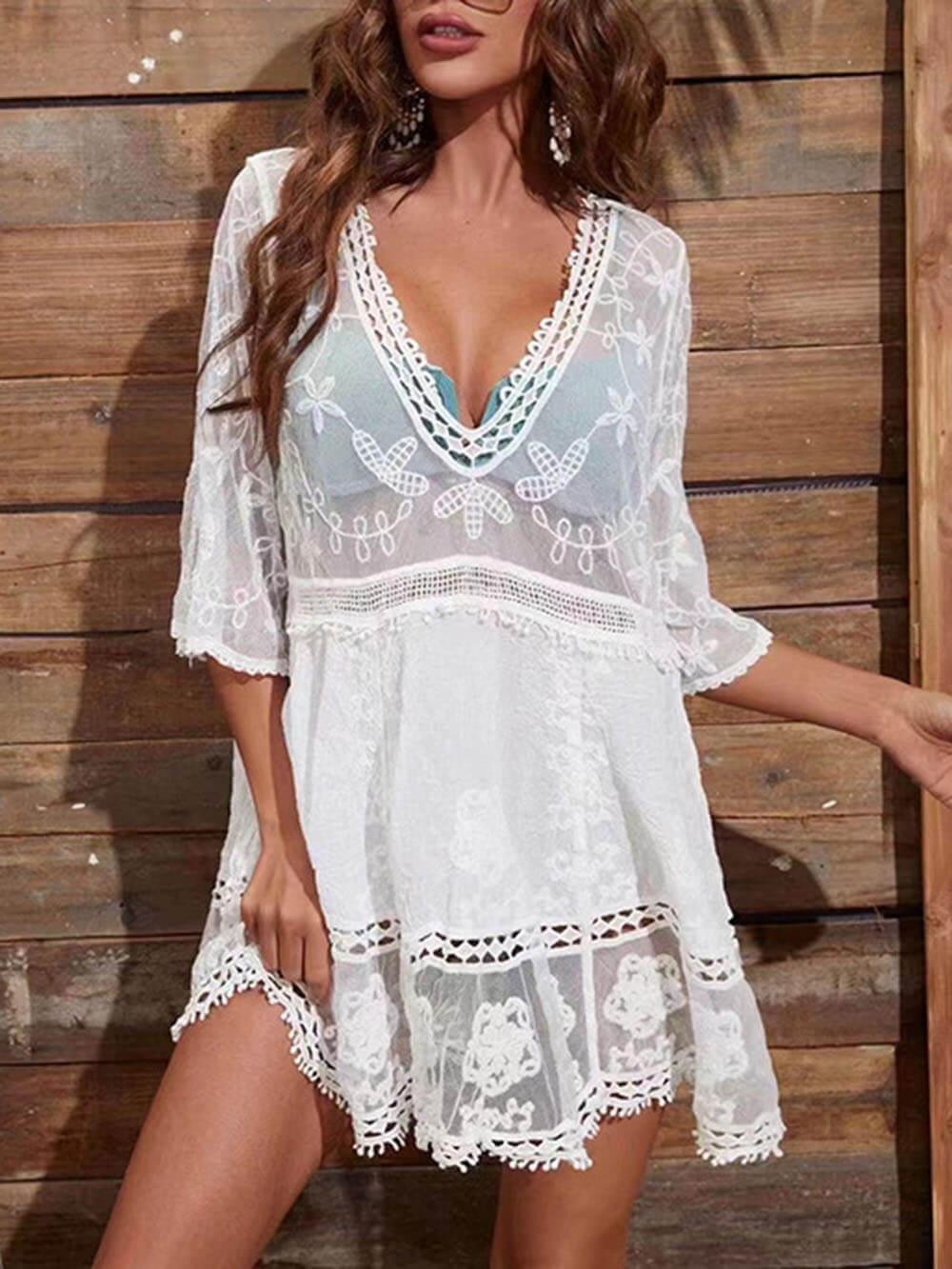 Loose Lace Beach Vacation Bikini Cover-Up Dress-thevervian