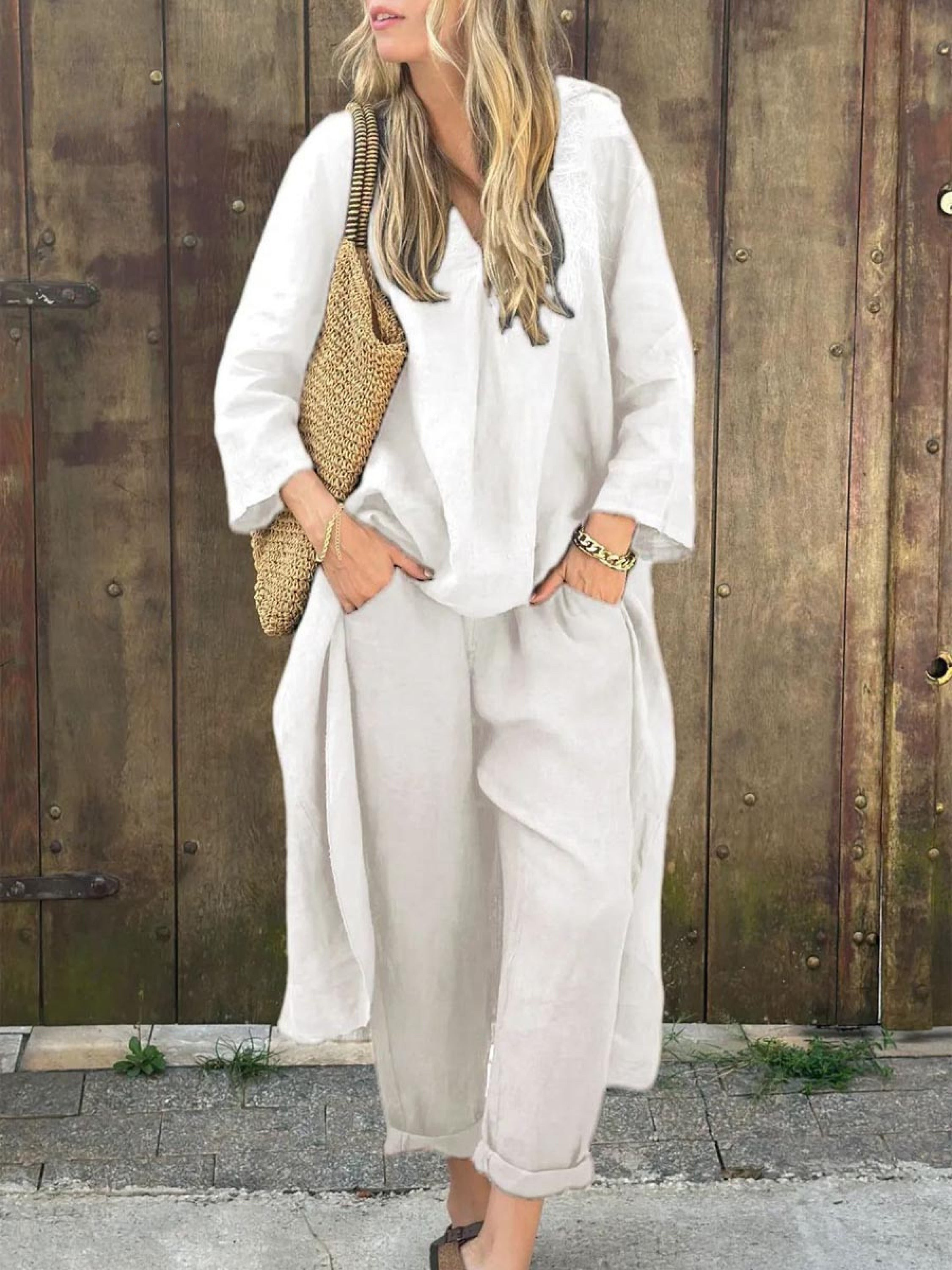 Linen Irregular Loose V-neck Top and High-Waisted Pocket Wide-leg Pants Set-thevervian