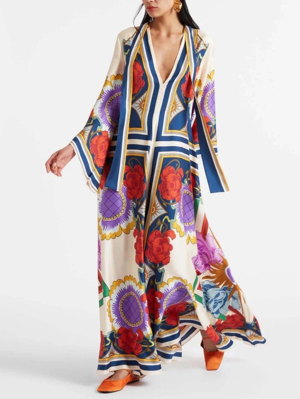 Exquisite Floral Print Draped Waterfall Sleeves Maxi Dress-thevervian