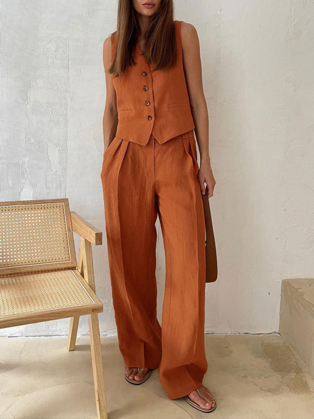 Classic V-neck Pleated Cotton and Linen Wide-leg Pants Suit-thevervian