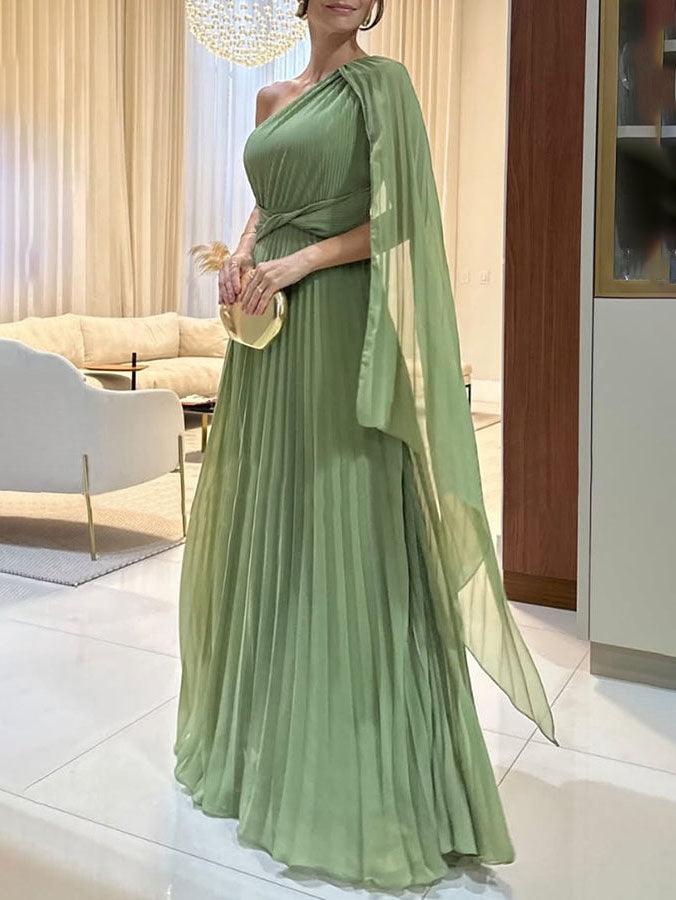 Elegant Flowing Pleated Off-the-Shoulder Maxi Dress-thevervian