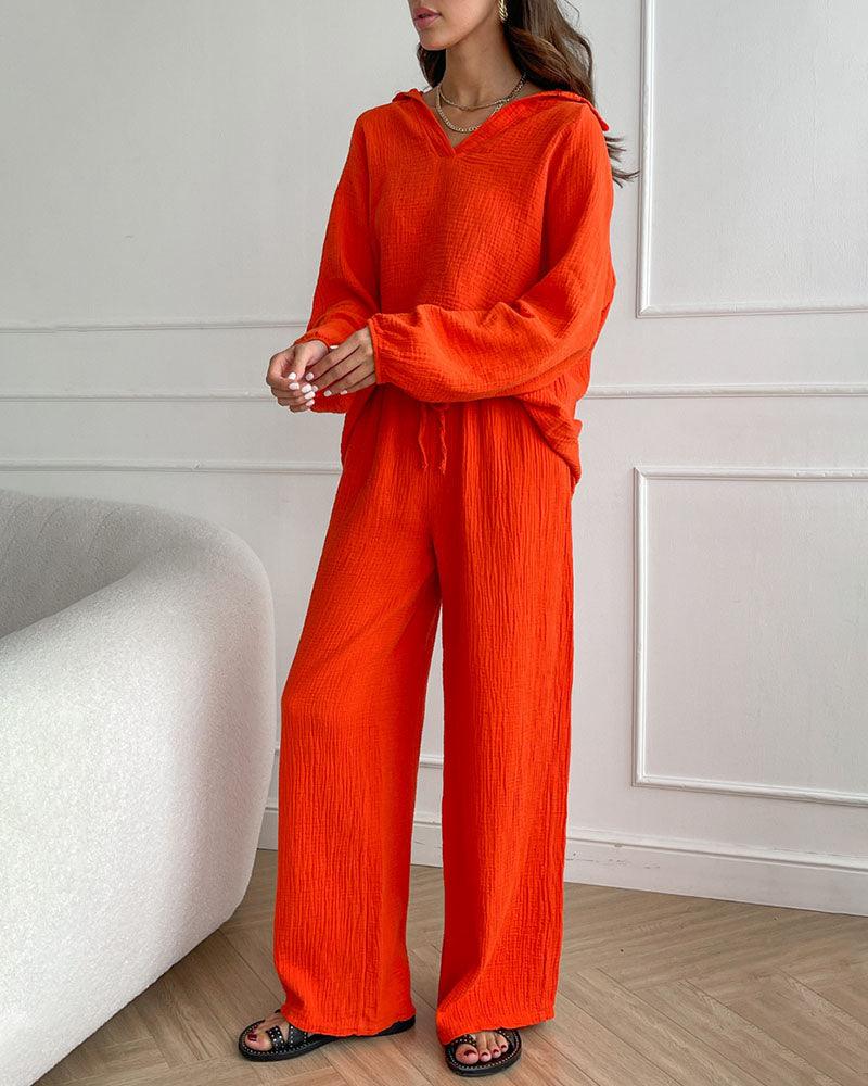 Autumn Simple V-Neck Casual Two-piece Set-thevervian