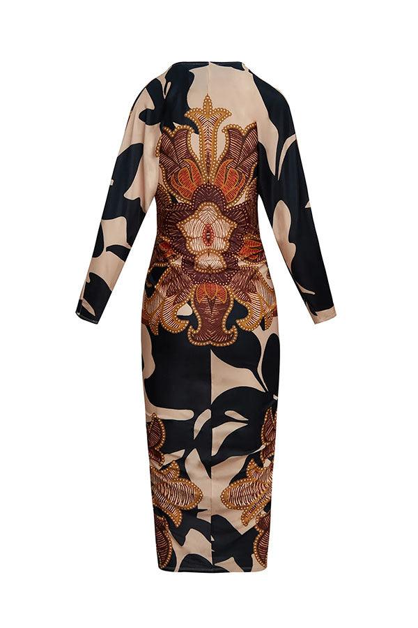 Unique Print Dolman Long Sleeve Ruched Slit Midi Dress-thevervian