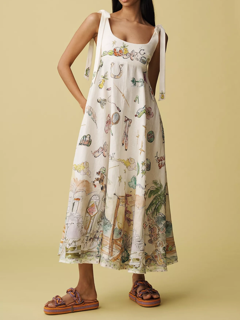 Linen Painted Ballet Tie Midi Dress-thevervian