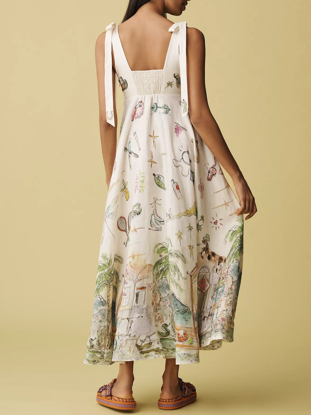 Linen Painted Ballet Tie Midi Dress-thevervian