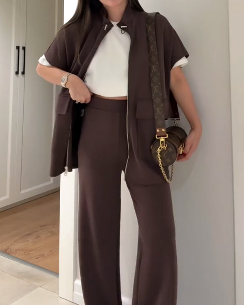 Casual Waist Stretch Detail Top & Pants Two-Piece Set-thevervian